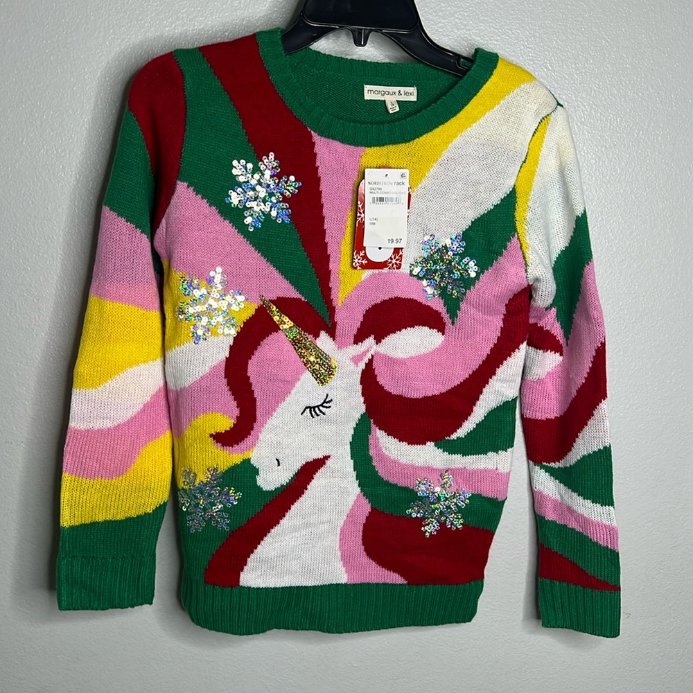 Margaux & Lexi Kids Unicorn Knit Christmas / Holiday Sweater - Large 14